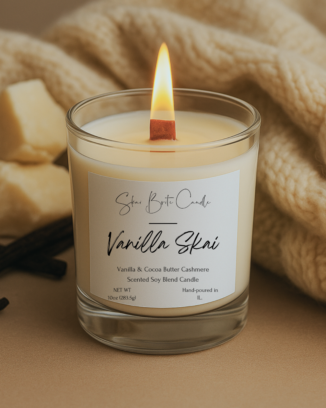 Vanilla Skai – Luxurious Vanilla & Cocoa Butter Cashmere 10oz Candle| Non-Toxic & Long-Lasting
